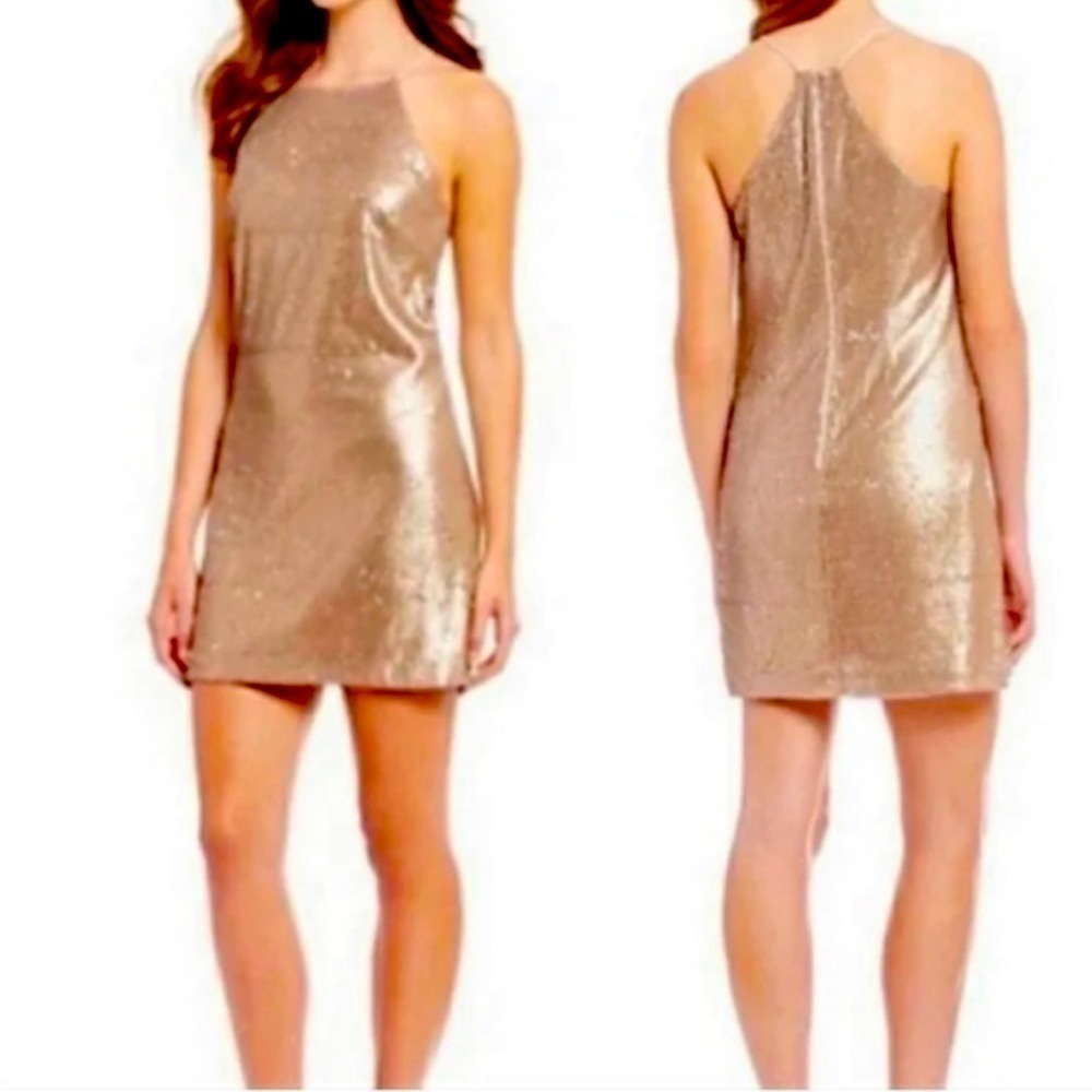 Halston gold sleeveless sheath dress